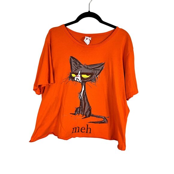 Retro Cat Tshirt 2X Orange Graphic Humor Animal Lover Cropped Funny - Picture 1 of 10